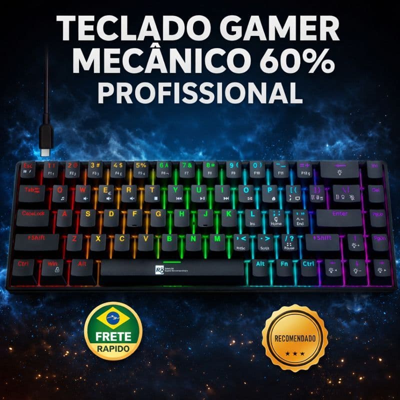 Teclado Gamer Mecânico 60% RGB ABNT2 (Ç) Profissional Compacto Iluminação Ajustável alta performace