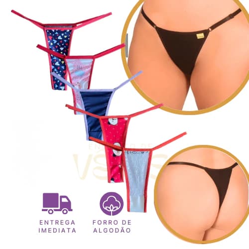 Kit Calcinhas Kit Fio Dental Feminina Tam Único Forro Algodão Confortável Estampas Diversas