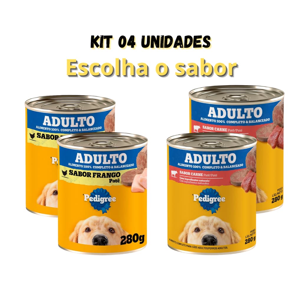 PEDIGREE LATA PATE 280G RAÇÃO ÚMIDA KIT 04 UNIDADES A SUA ESCOLHA