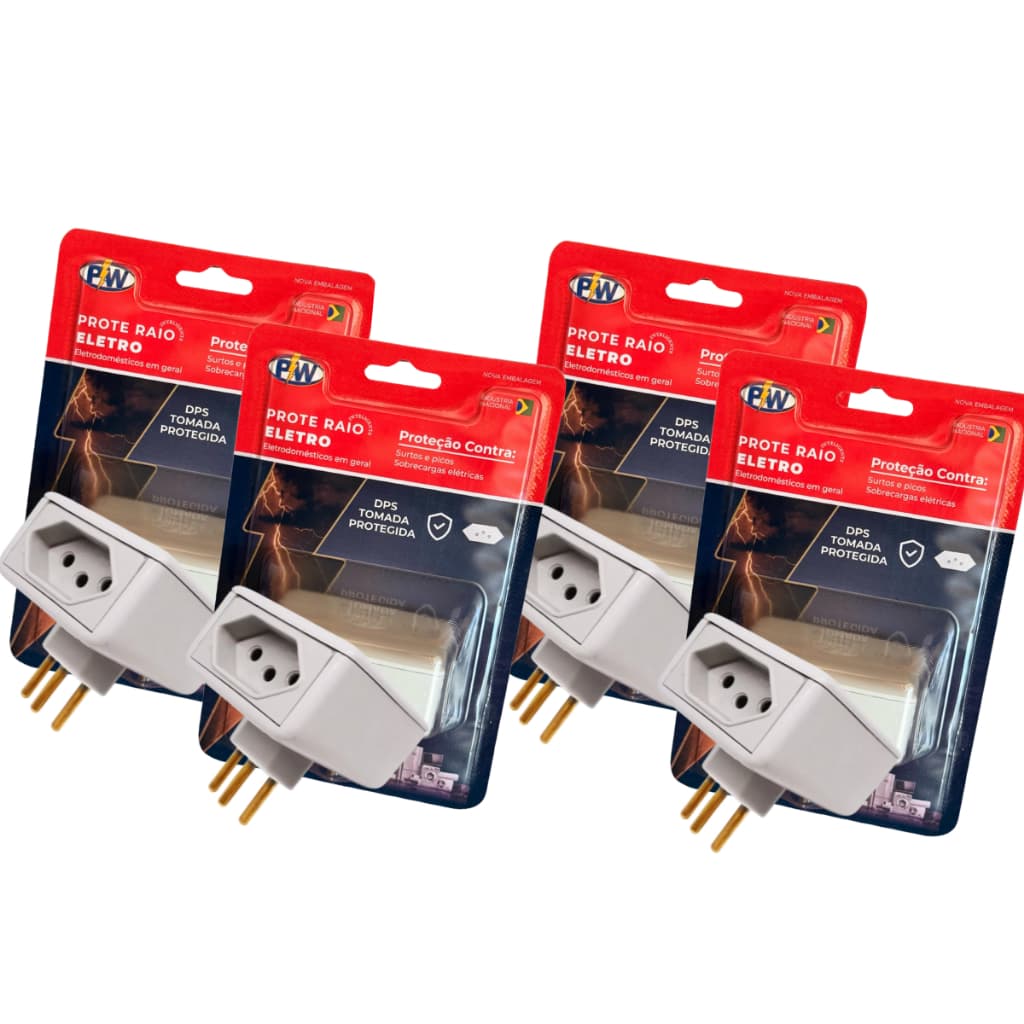 Kit 04 Unidades Protetor Contra Raio Surtos Picos Eletro com 2 Tomadas 127v 220v 10A