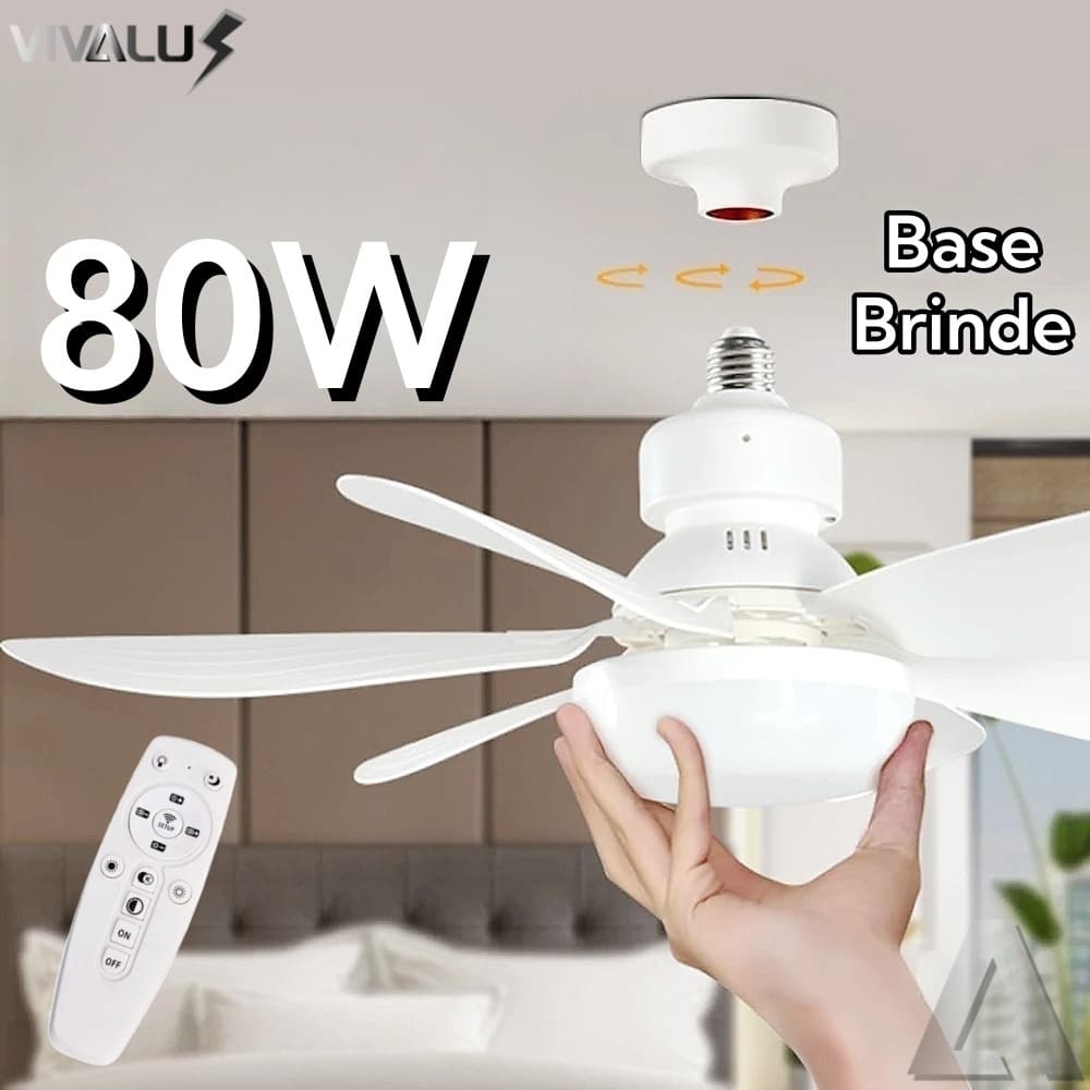 Ventilador Luminária Led 80W 6 Pás Lâmpada Soquete Bocal E27 52CM Teto 3 Cor Branco Preto Com Base