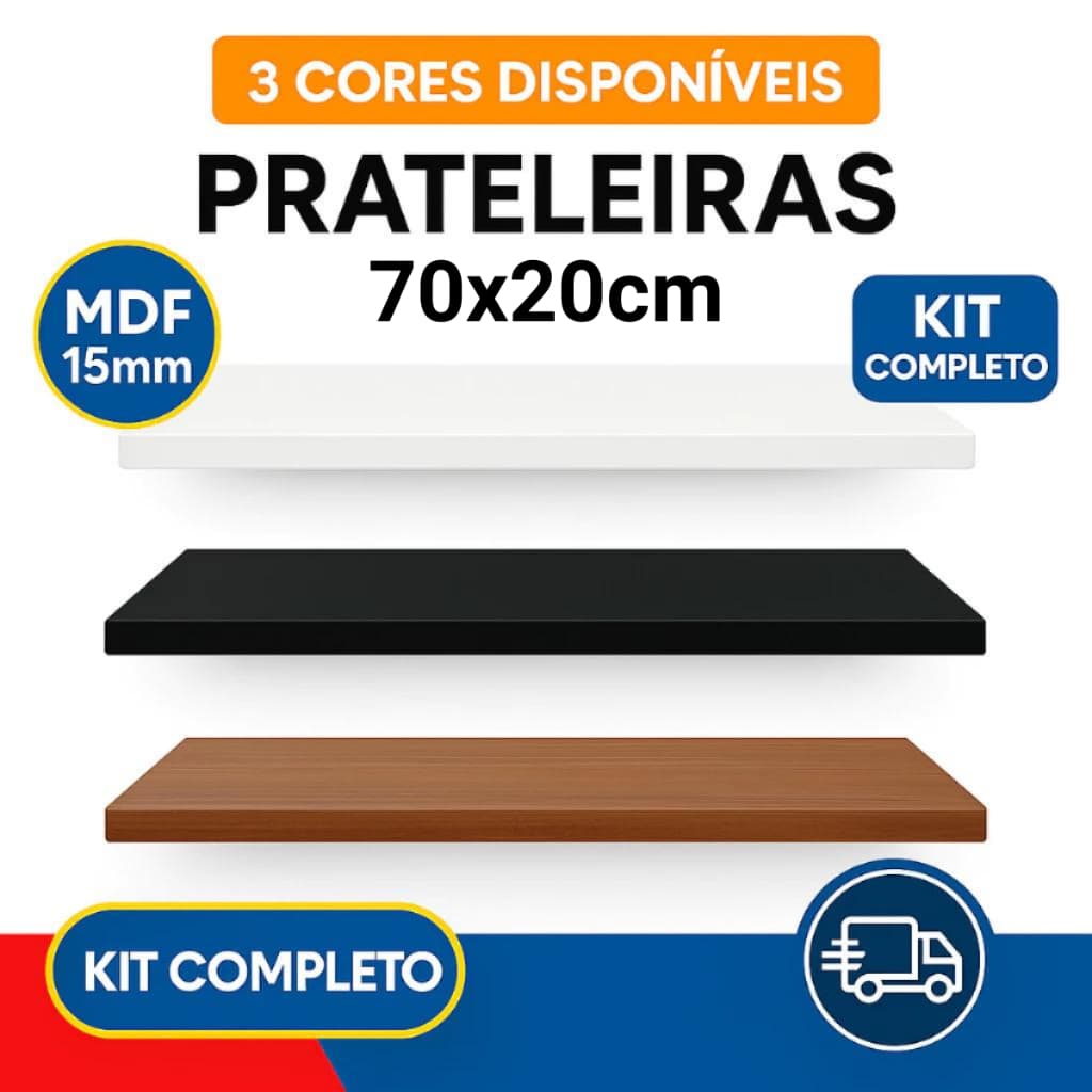 Prateleiras MDF 70x20cm com Suporte Quarto Sala Banheiro Decoração Branca, Preta ou Freijó+ Kit Instalação