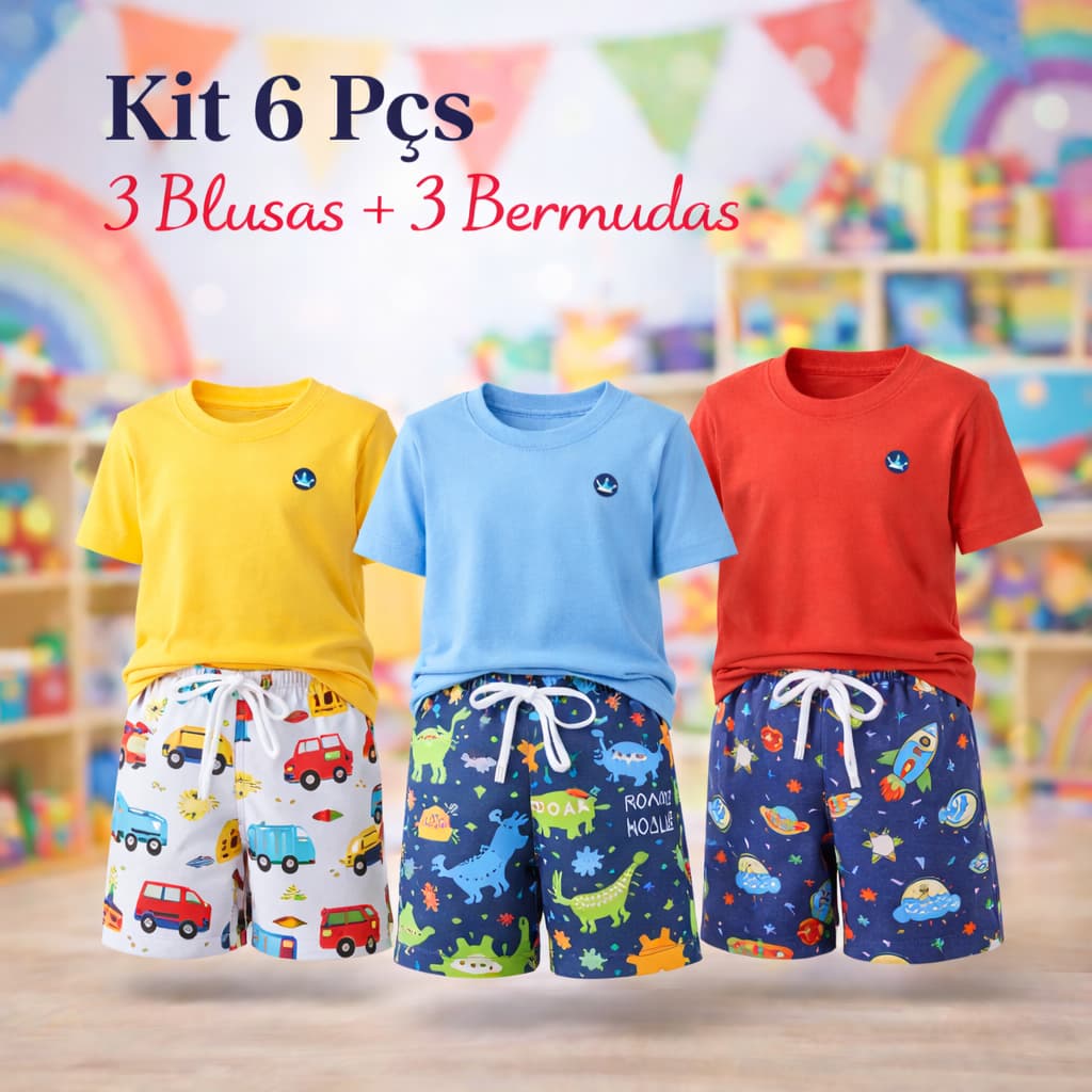 Kit Surpresa 6 Peças: 3 Camiseta Infantil Menino + 3  Bermuda Infantil Menino