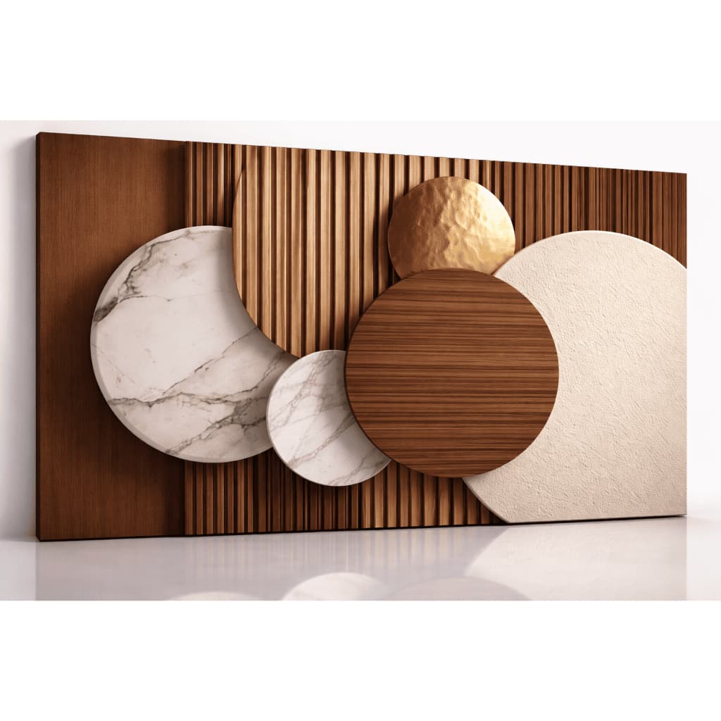 Quadro Decorativo Design Circular Abstrato em Bege Castanho Branco e Dourado Luxo Minimalista