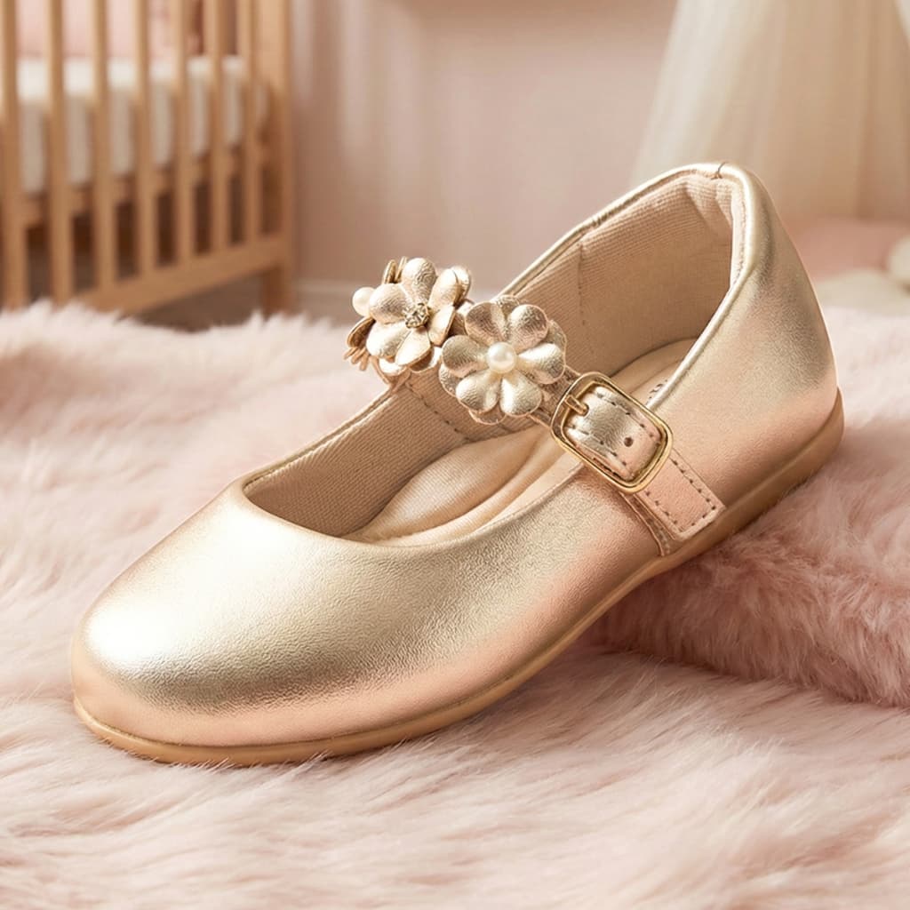 Sapatilha Infantil Menina com Tira Florzinha Removível Dourada Tamanho 20 ao 27
