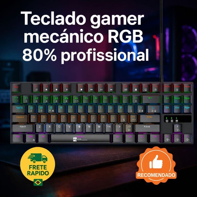 Teclado Gamer Mecânico 80% RGB ABNT2 (Ç) Profissional Compacto Iluminação Ajustável alta performace