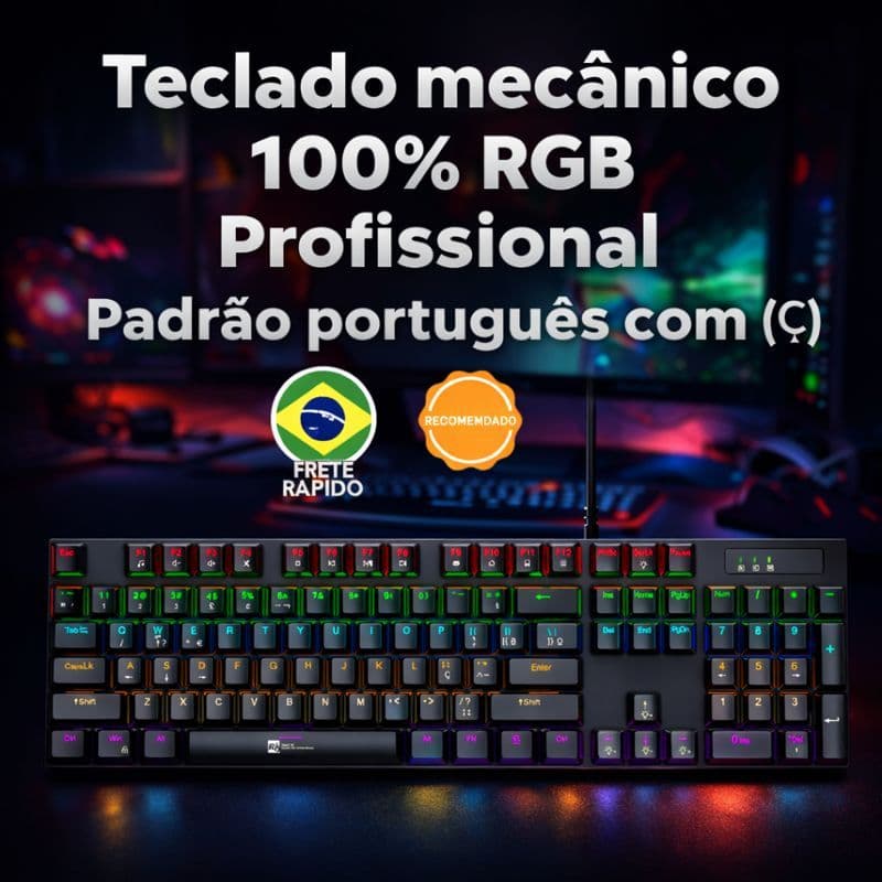 Teclado Gamer Mecânico 100% RGB ABNT2 (Ç) Profissional Compacto Iluminação Ajustável alta performace