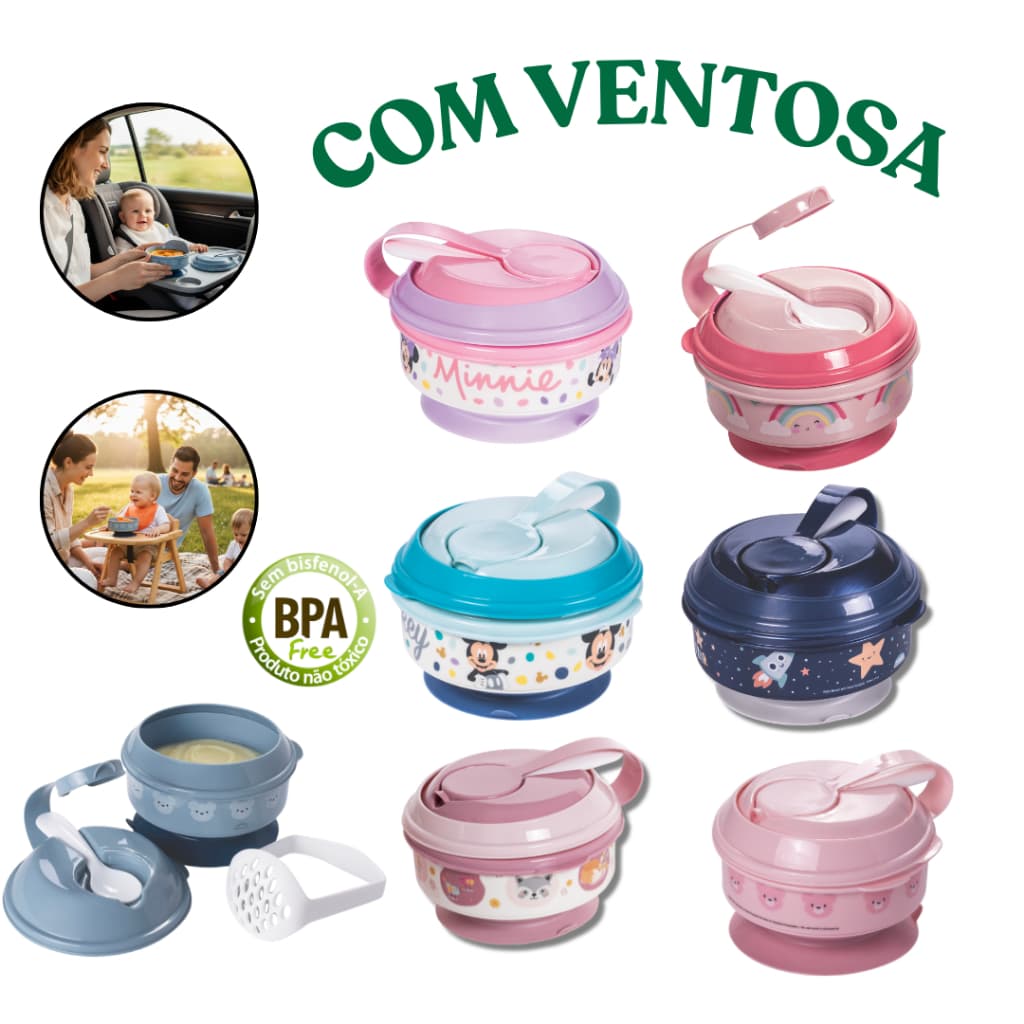 Kit pote papinha sopa com amassador ventosa para bebe passeio introdução alimentar livre de BPA