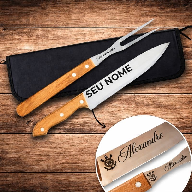 Kit Churrasco Personalizado a Laser com Garfo + Faca + Estojo