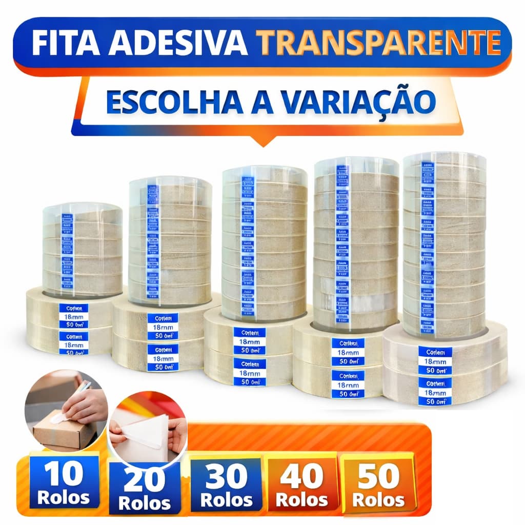 kit Com 50 Fitas Adeiva 18x50 Metros Transparente