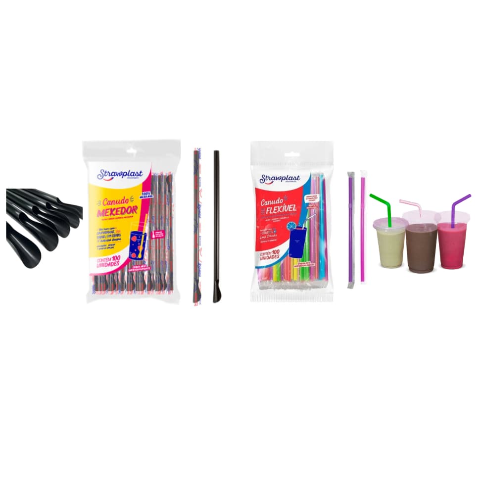 Canudo Mexedor Preto/ Flexivel Colorido Com Sache Individual 100~400und Srawplast