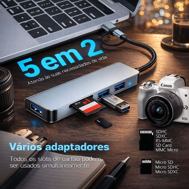 Hub USB/USB-C 5 em 2 Alta Velocidade com 3 Portas USB 3.0 + Leitor Cartão SD/TF p/ Notebook Celular