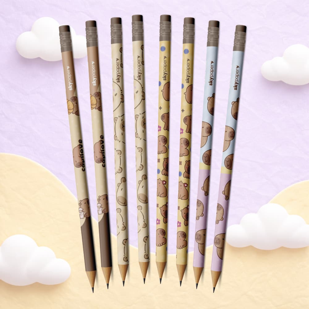 Kit 8 Lápis Grafite HB Capivara Skypaper | Com Borracha | Estampas Sortidas