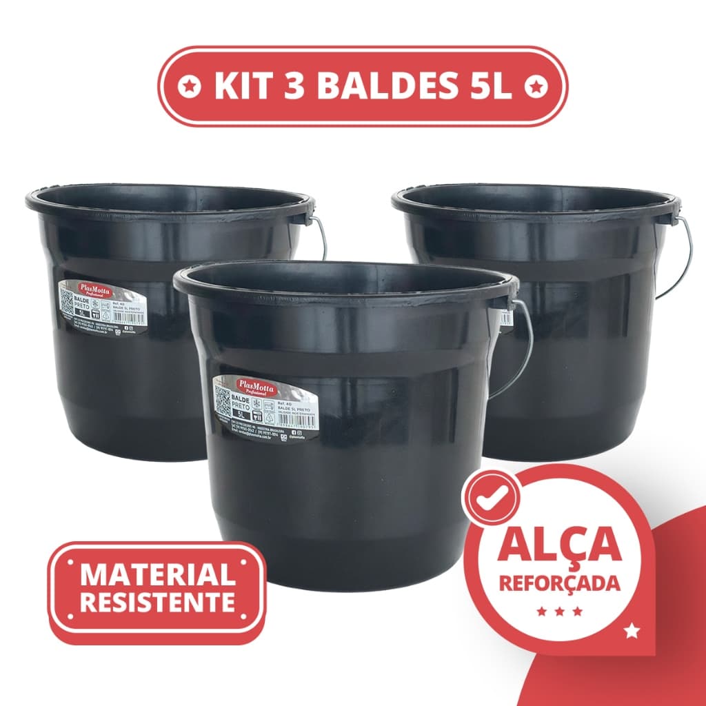 Kit 3 Baldes 5 Litros Preto com Alça Resistente para Lavanderia Limpeza e Uso Doméstico