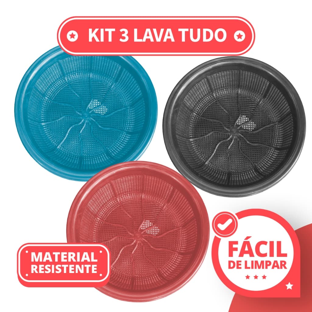 Kit com 3 Escorredores Lava Tudo de Plástico para Arroz, Massas, Frutas e Legumes