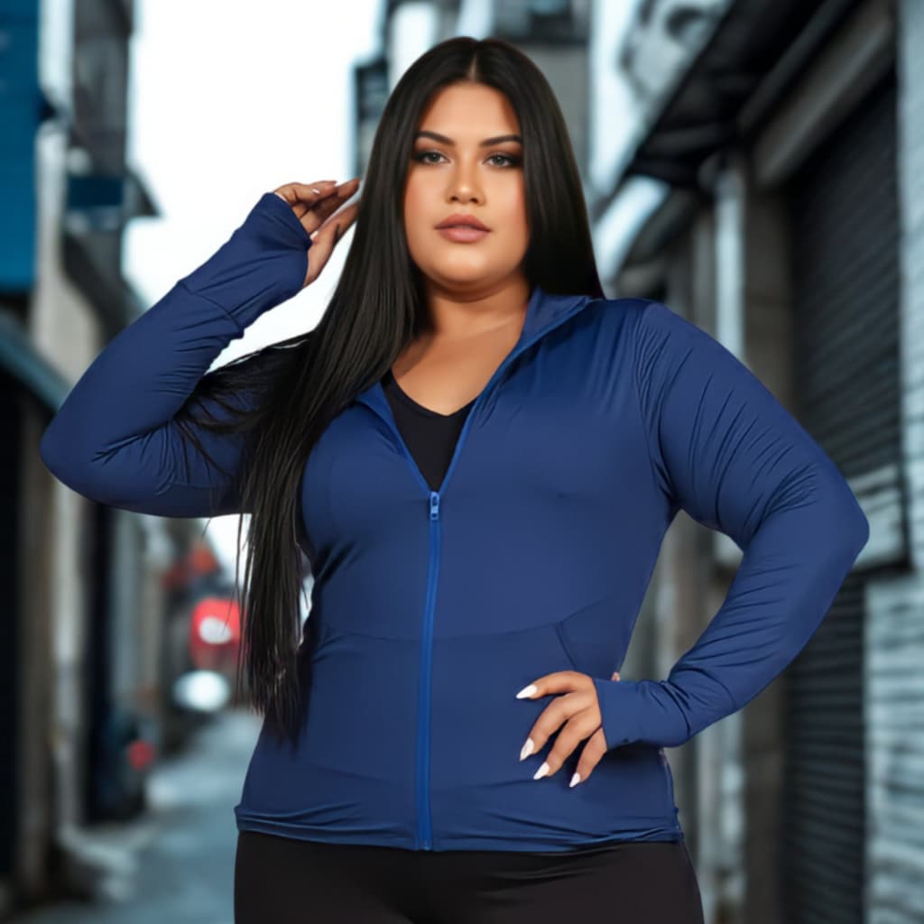 Jaqueta Fitness Feminina Cinza Zíper Proteção Solar UV Manga Longa com Bolso e Encaixe
