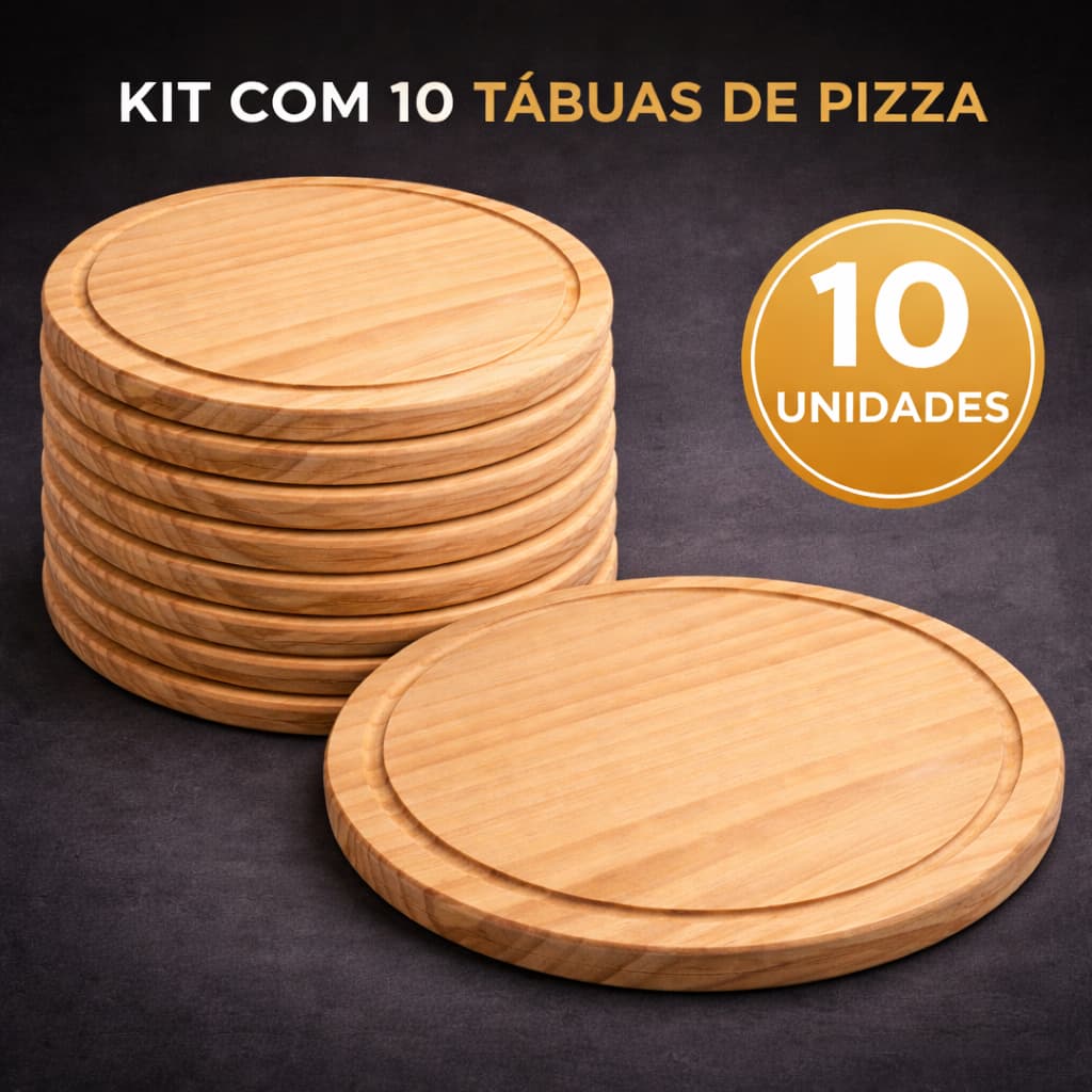 Kit 10 Tábuas Redondas de Madeira para Servir Pizza 22cm Frios e Petiscos para Frios Premium