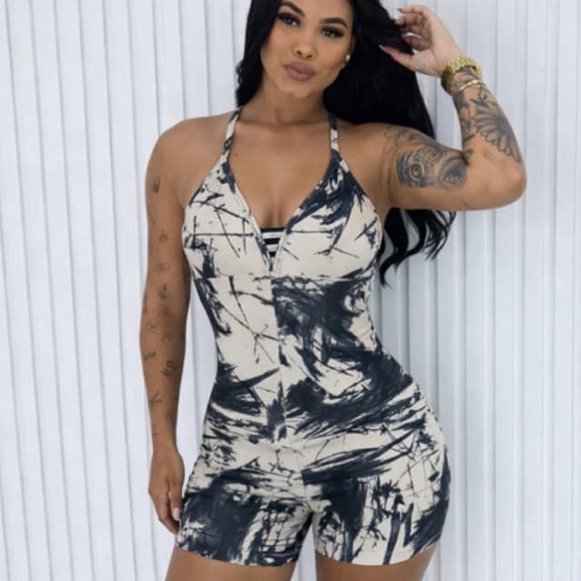 Macaquinho Fitness de Alça Fina Tie Dye Slim Decote V Academia Feminino Estampado