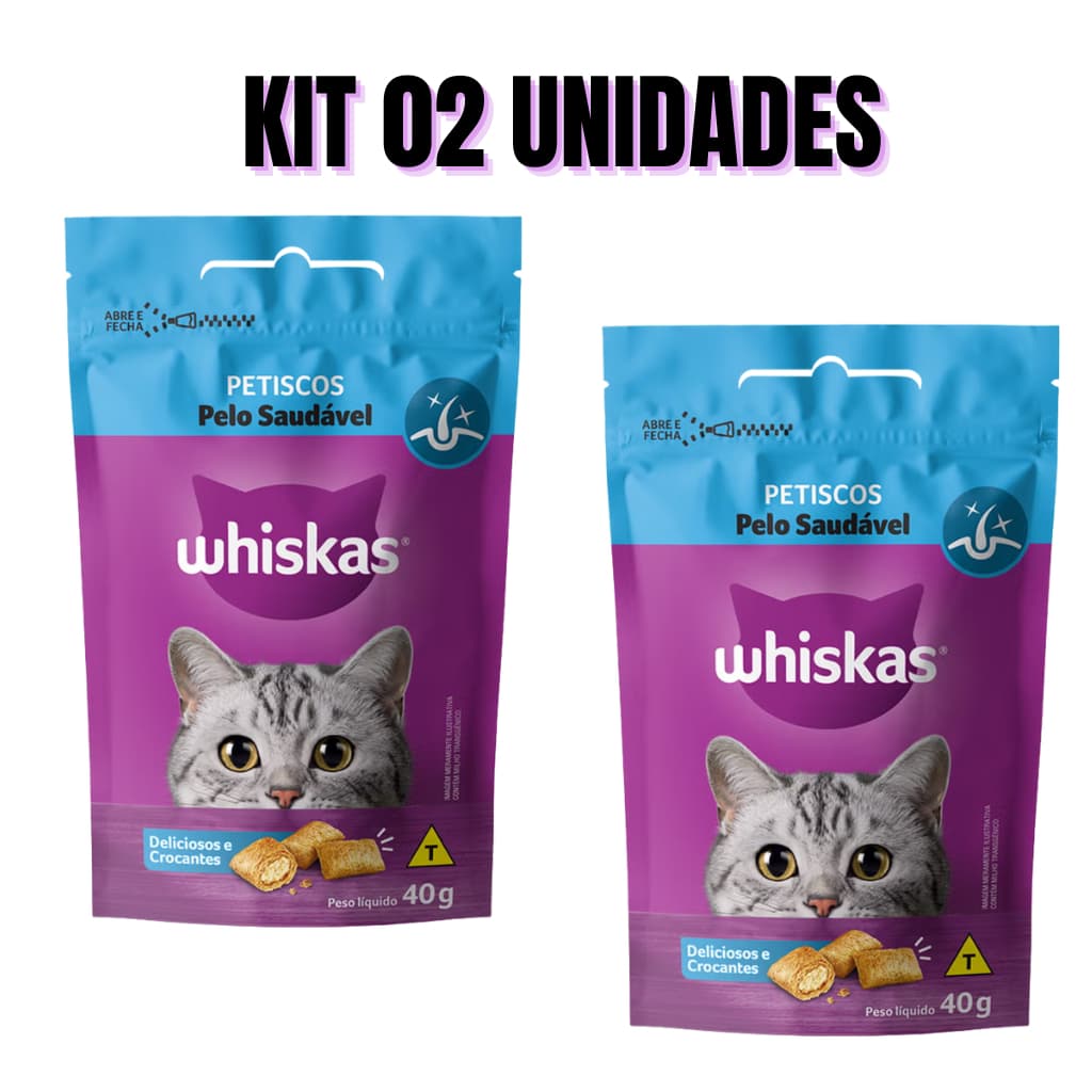 Petisco whiskas Temptations pelo saudável gatos adultos 40gr kit com 02 und