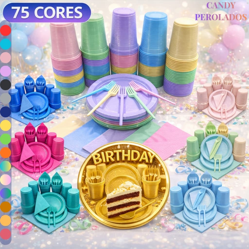 Kit 200 Itens Festa Aniversário Candy Descartavel Completo Pratinho Copo Garfo Guardanapo Azul Rosa Lilas Cor Pastel