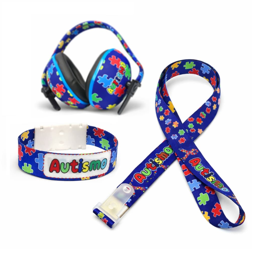 Kit Autismo Abafador Protetor De Ouvidos Ajustável Cordão E Pulseira Quebra Cabeça Azul Criança