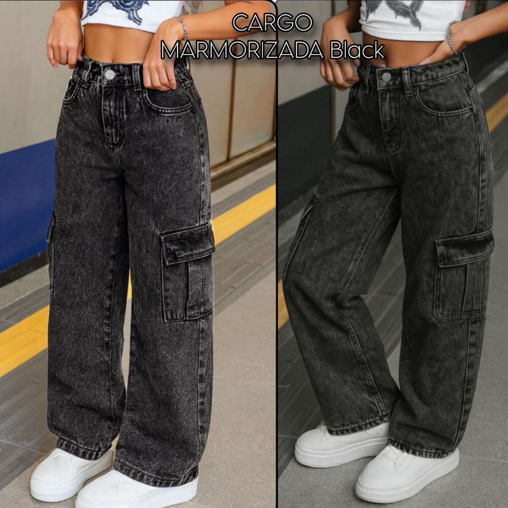 Calça Jeans Infantil  Wide Leg Cargo Black Juvenil 6 ao 14  ALTO PADRÃO LINHA PREMIUM