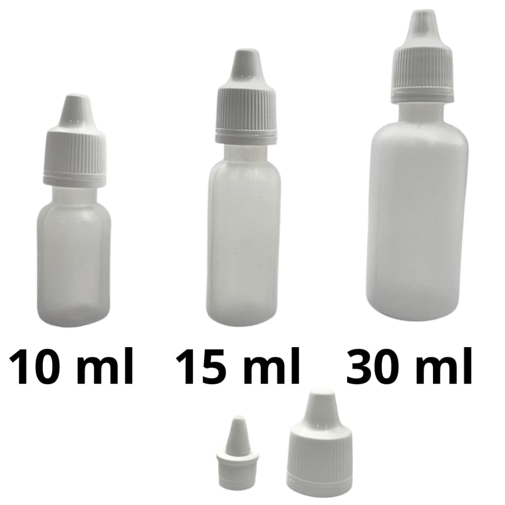 25 unidades Frasco Plástico  - Conta Gotas Tampa e Lacre de 30 ml / 15 ml e 10 ml