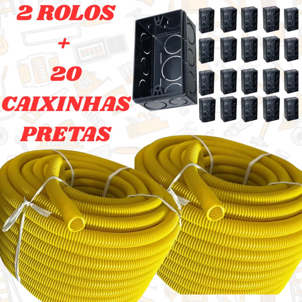 Kit Conduíte Corrugado Eletroduto 3/4 Reforçado 50m + 20 Caixinhas de Luz 4x2