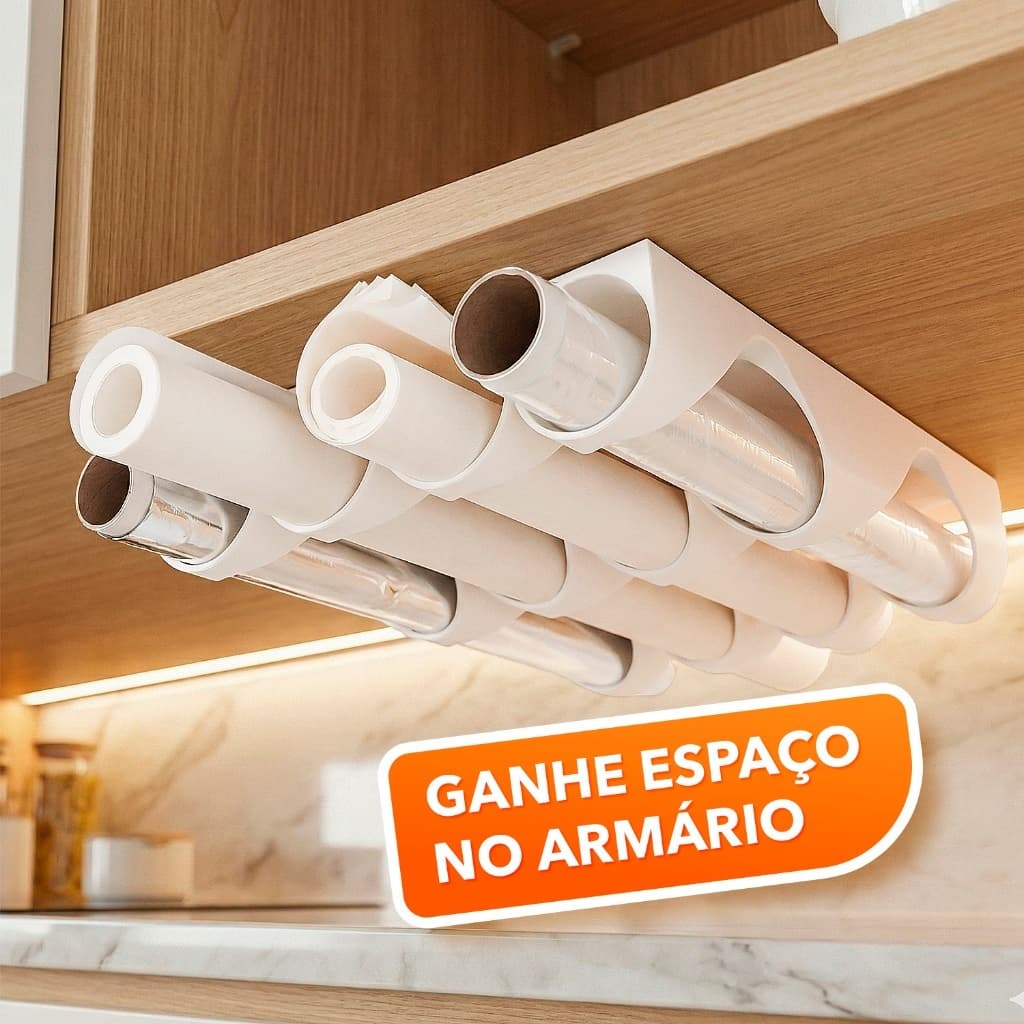 Suporte para Rolos de Cozinha Organizador de Armário | Porta Papel Toalha, Filme e Alumínio | Organizador Casa