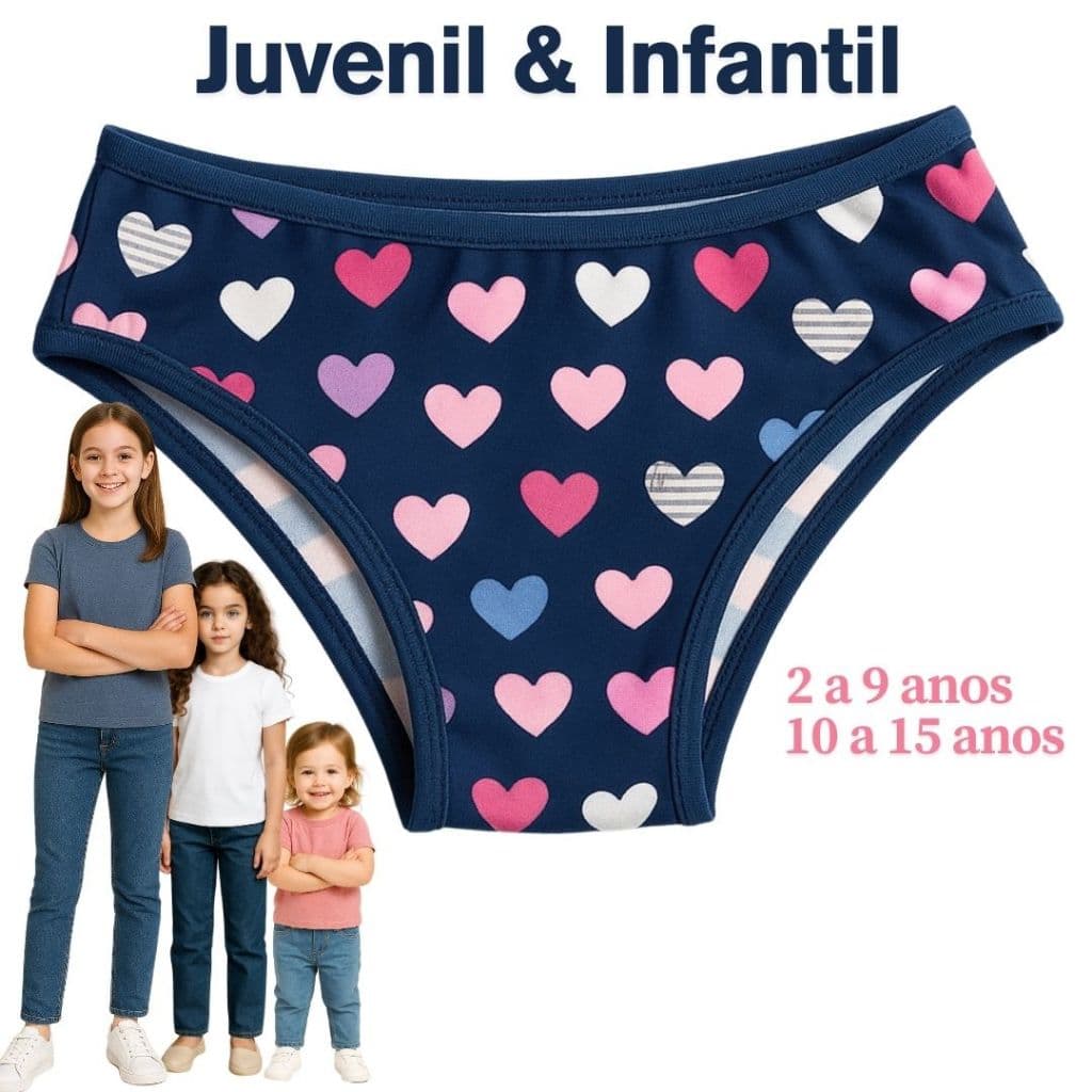 Kit 5 e 10 Calcinhas Infantil e Juvenil Para Meninas de 10 a 15 anos Forro 100% Algodão