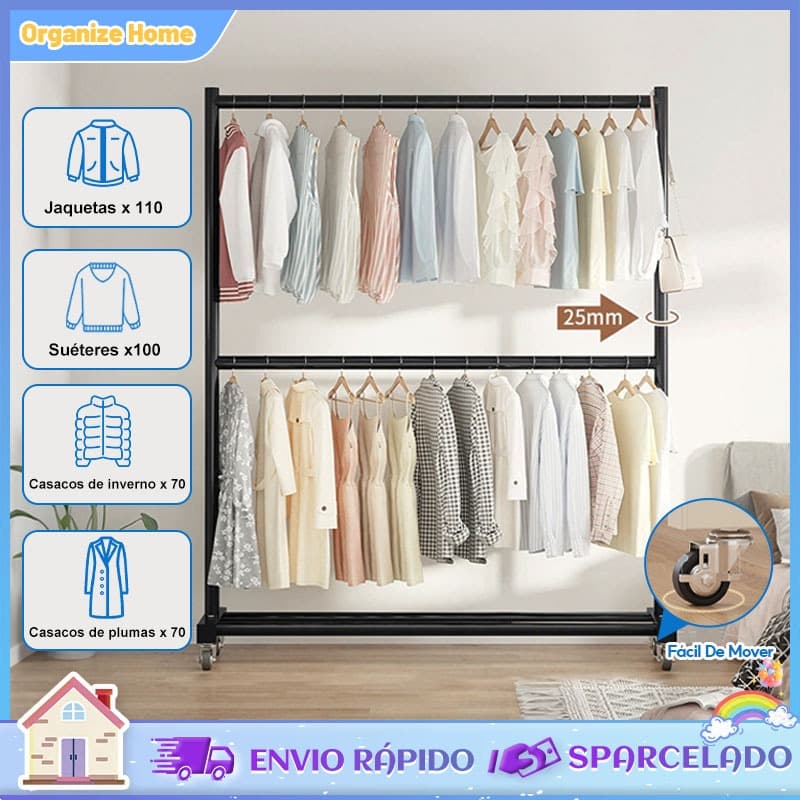 Cabides para Roupas,Arara de roupas Duplo em Ferro,Suporta Peso para Quartos Pequenos e Closet 120*200cm