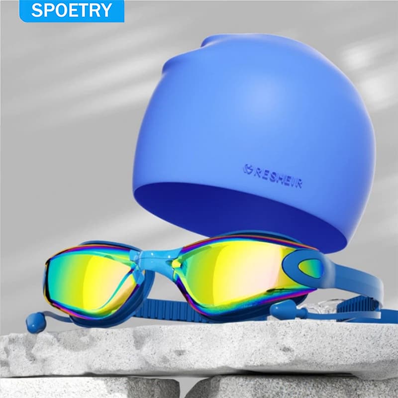 Óculos de banho + chapéu de banho Adultos Proteção UV Cor e Óculos De Natação + Touca Silicone Kit natação