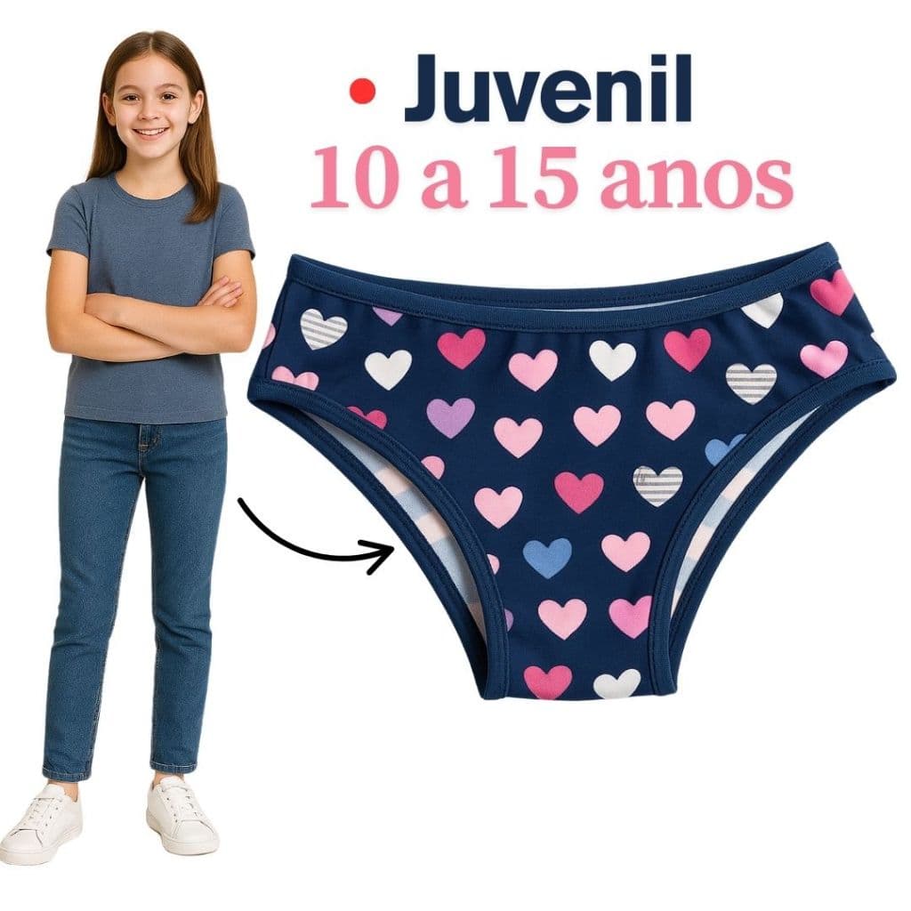 Kit 5 Calcinhas Juvenil Para Adolescente até 15 Anos Forro 100% Algodão