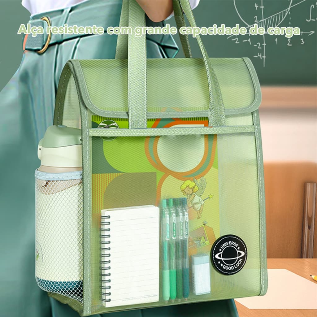 Bolsa Tote Malha Transparente Grande Capacidade para Estudo, Faculdade e Trabalho | Bolsos Laterais e Dupla Camada