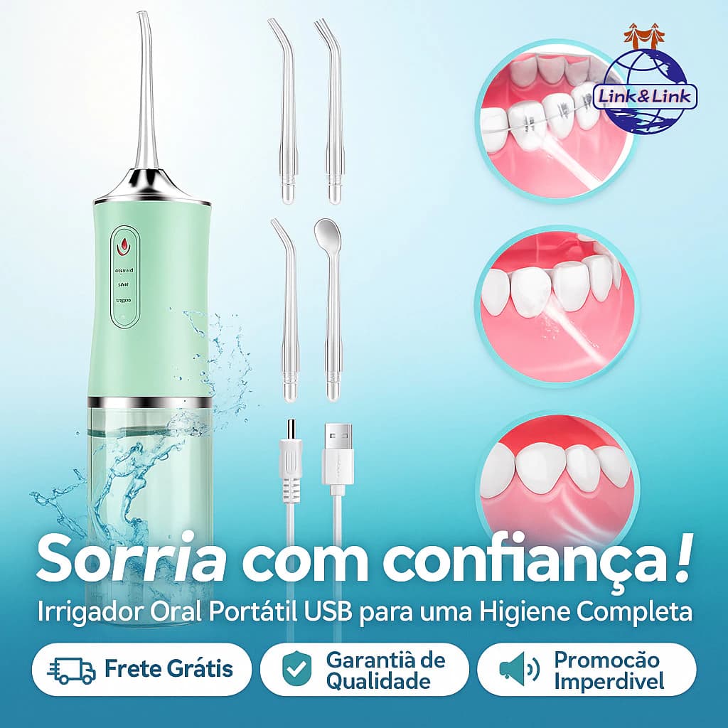 Irrigador Bucal Elétrico Oral Limpeza Portátil USB com Jato e Recarregável Para família ou viagem