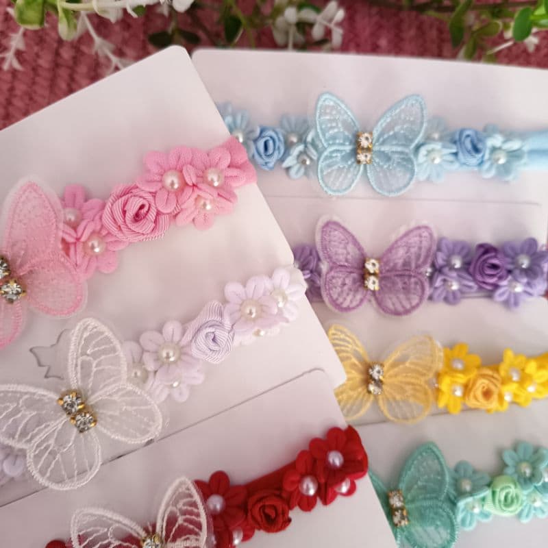 Tiara Faixinha Bebê Slim Borboleta Bordada com Pérolas Saída de Maternidade Batizado Enxoval Menina- jardim encantado