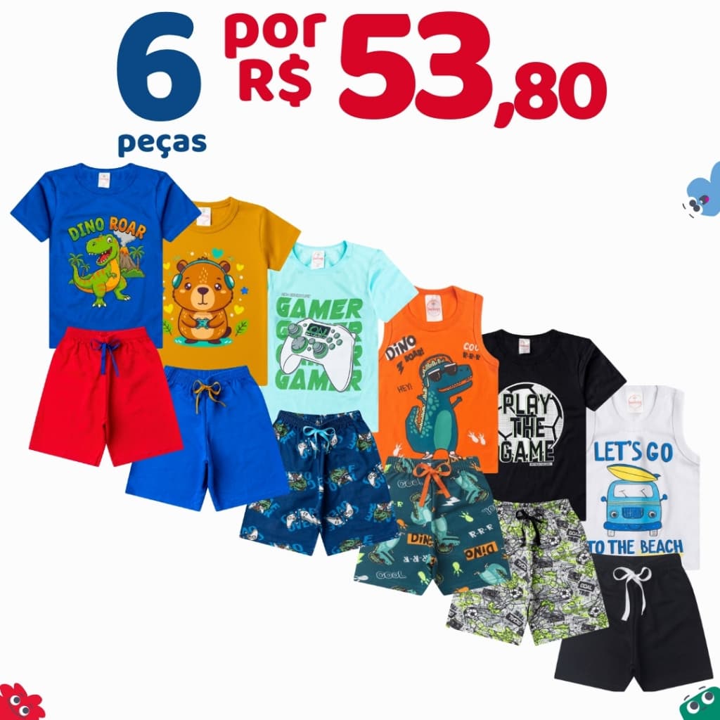 Kit 6 Peças Roupa Infantil Menino Verão Conjunto Masculino Criança 3 Camisetas + 3 Bermudas