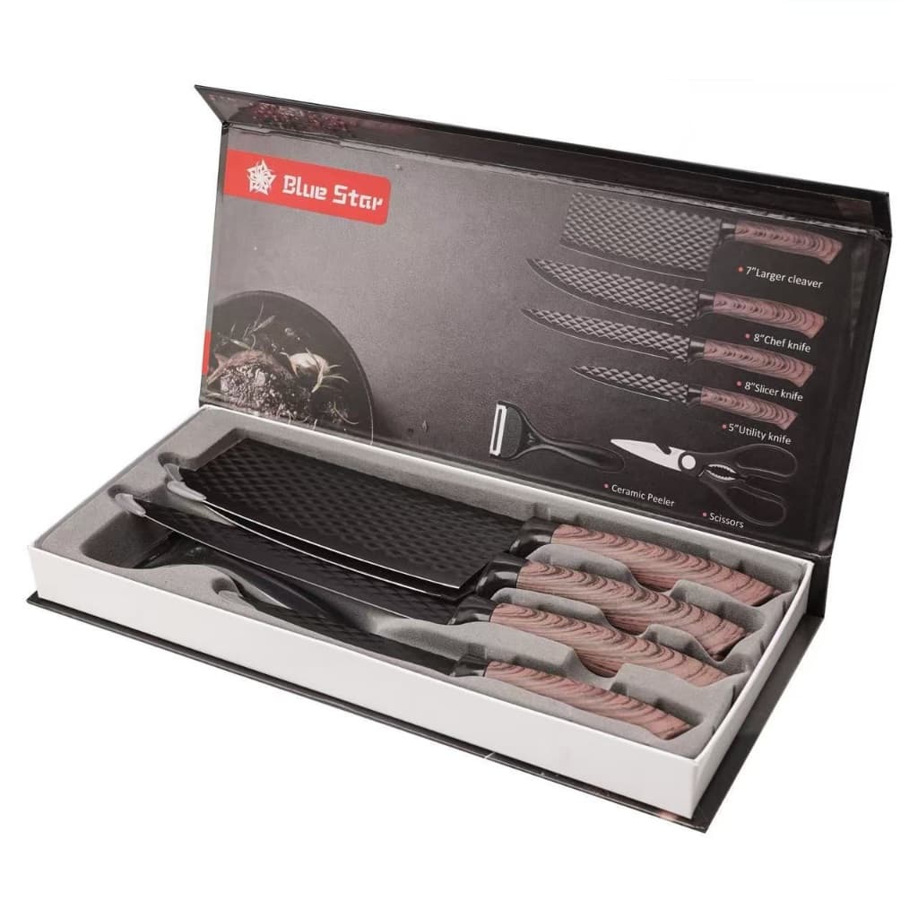 Conjuto de Faca Inox 6 Peças Com Cabo Reforçado Aço Carbono Tesoura Cutelo Descascador Carne Legumes