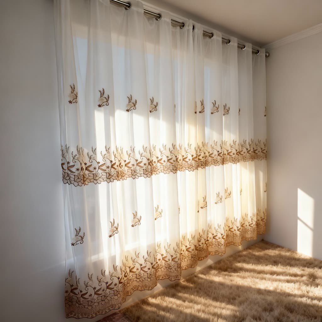 Cortina Em Voil Bordado Para Sala Ou Quarto - 4,00 X 2,80 - Para Varão De Até 3 Metros