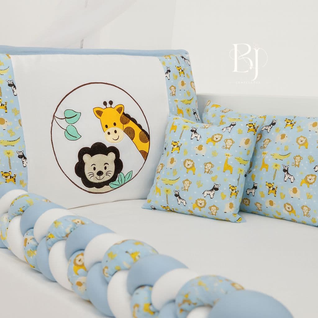 Kit Berço Safari Azul Bebê Masculino 6 Peças Enxoval