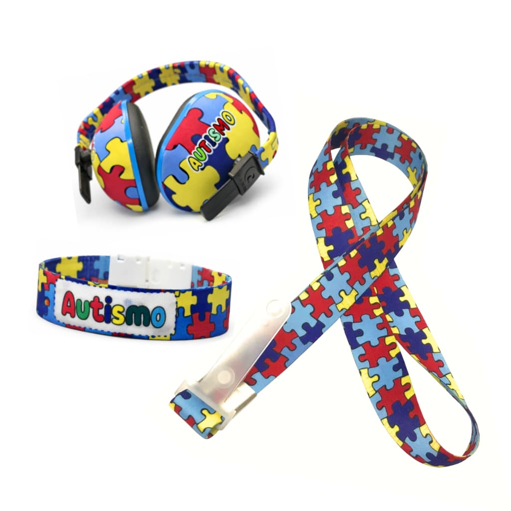 Kit Autismo Abafador Protetor De Ouvidos Acolchoado Cordão E Pulseira Quebra Cabeça