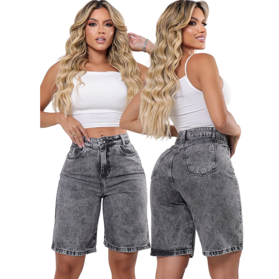 Bermuda Jeans Feminina Jorts Marmorizada Black Short 100% Algodão Cintura Alta Meia Coxa Ciclista