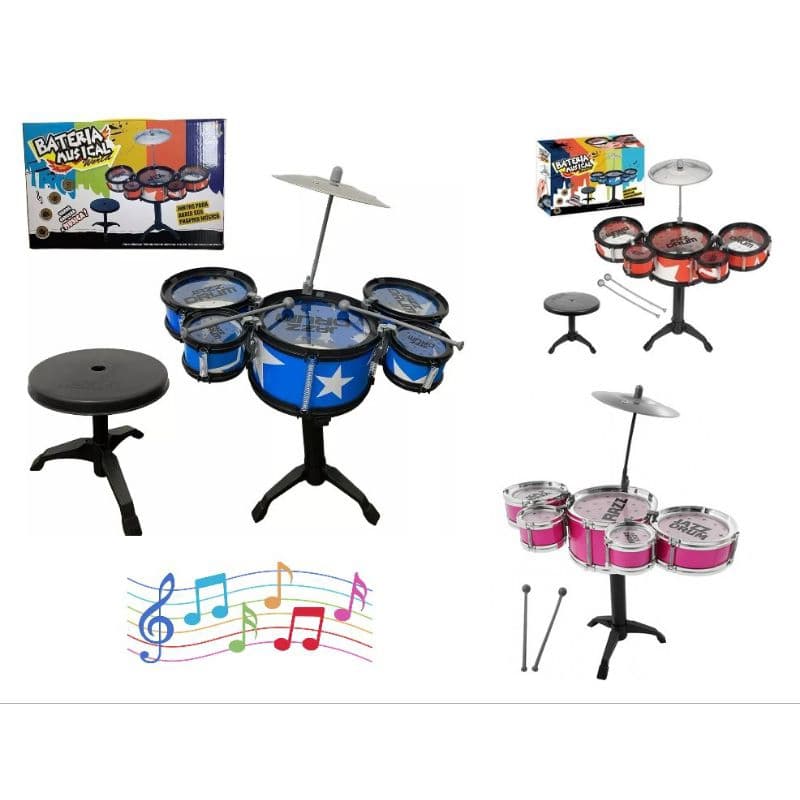 Bateria Musical Infantil com 3 ou 5 Tambores Completa com Banquinho e Cores Sortidas Promoção