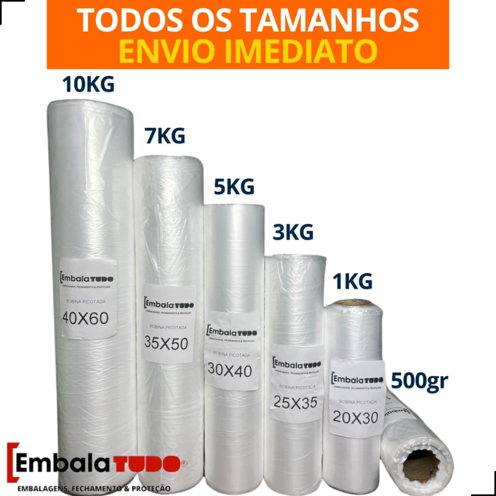 Bobina Plástica Saco Picotado Vários Tamanhos Fundo Reto Freezer Microondas Armazenamento Alimentos