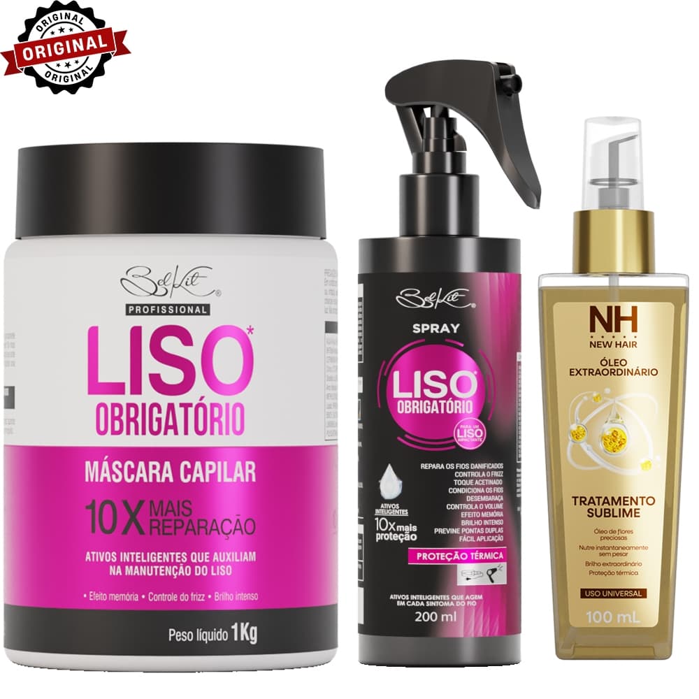 Kit Liso Extraordinário - Máscara 1L, Óleo Extraordinário 100ml, Spray Liso Obrigatório 200ml BELKIT