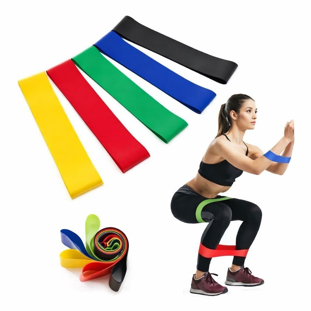 Kit 5 Banda Faixa Elástica de Resistência Band para Treino Yoga Pilates Treino Academia Musculação