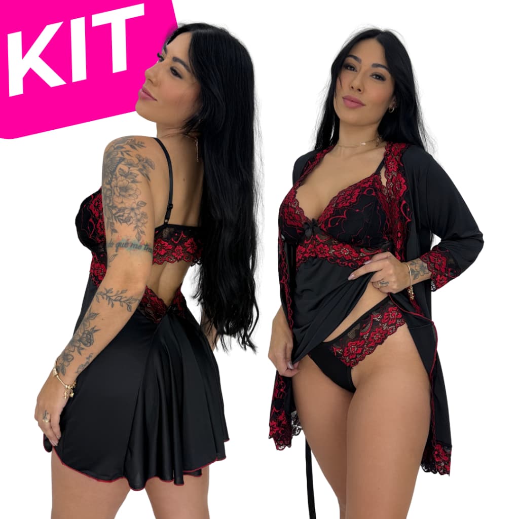 KIT 3 PEÇAS - Robe com Faixa e Manga Longa, Camisola e Calcinha