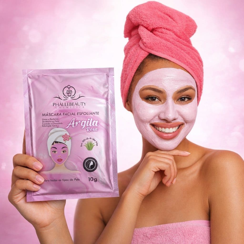 Kit de Máscara Facial Esfoliante Argila Rosa Sachê 10g - Phallebeauty