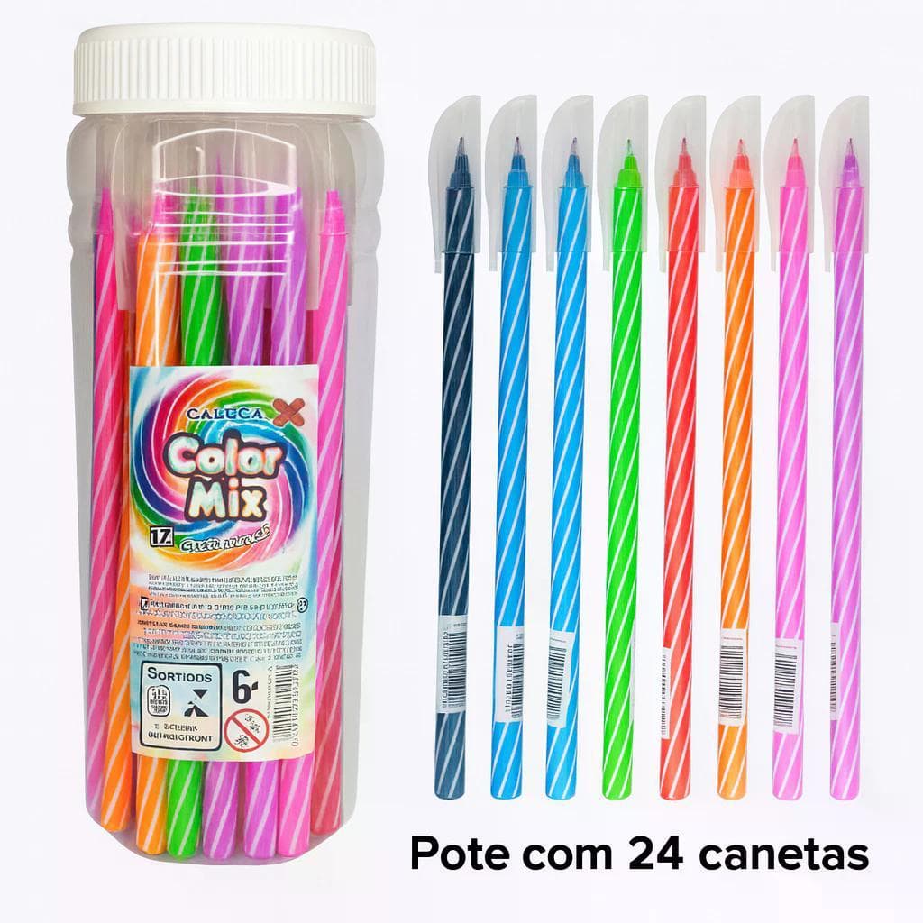 Caneta Esferográfica 0,7mm Pote 24 Unidades Cores Variadas Preta, Azul, Rosa, Roxa, Coloridas, Sortidas - Make+