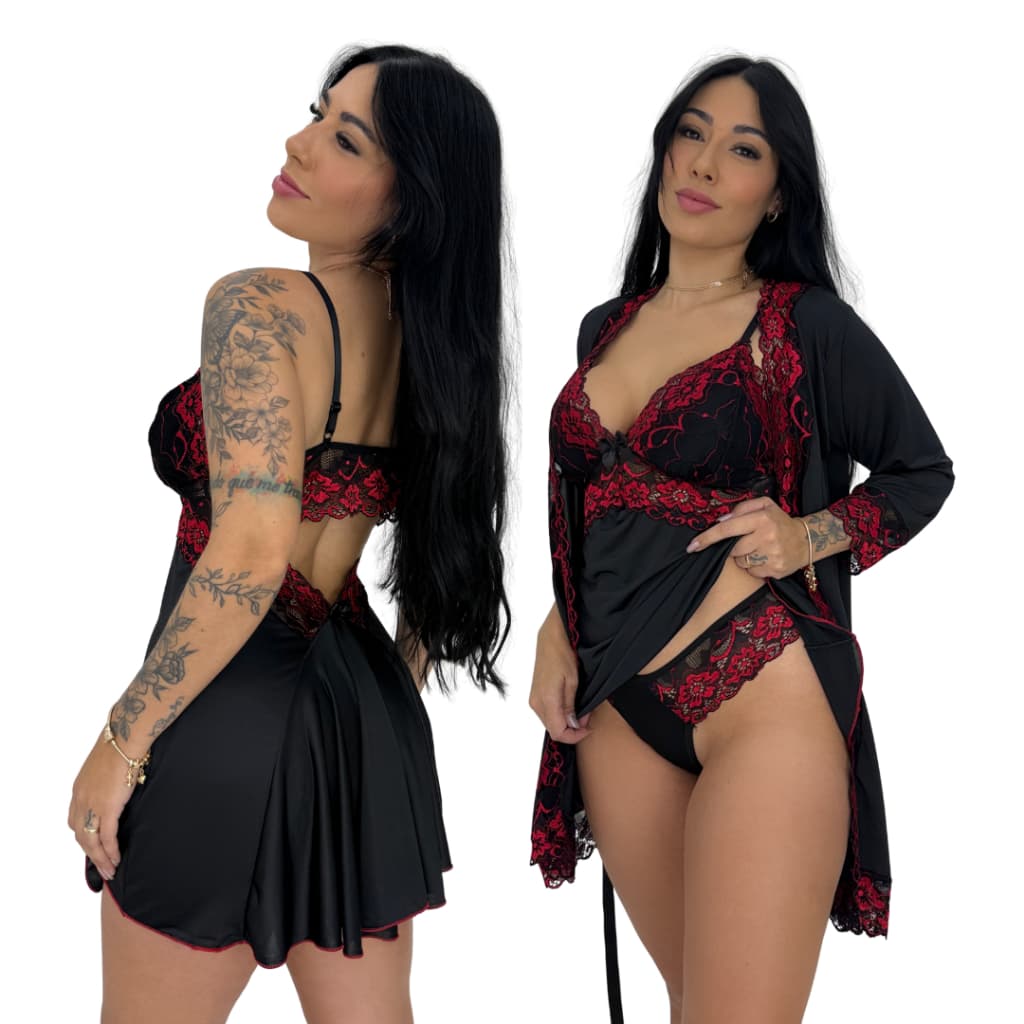 KIT 3 PEÇAS - Robe com Faixa e Manga Longa, Camisola e Calcinha